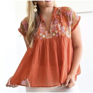 womens anthropologie Thml Boho Short Sleeve Embroidered Top Size S Festival